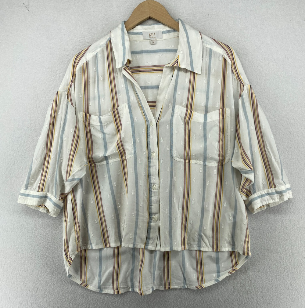 KUT FROM THE KLOTH Shirt M Swiss Dot Stripe Boxy Button Up Short Sleeve White
